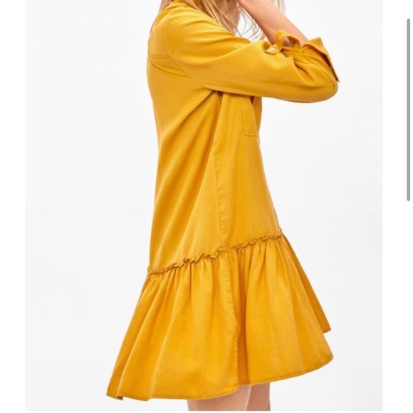 Zara Shirt Dress Mustard Yellow With Ruffled Hem - Picture 6 of 15
